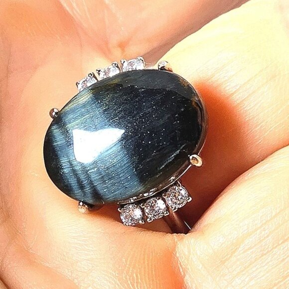 Natural Blue Tiger Eye & CZ 925 Sterling Silver Ring - Picture 9 of 10